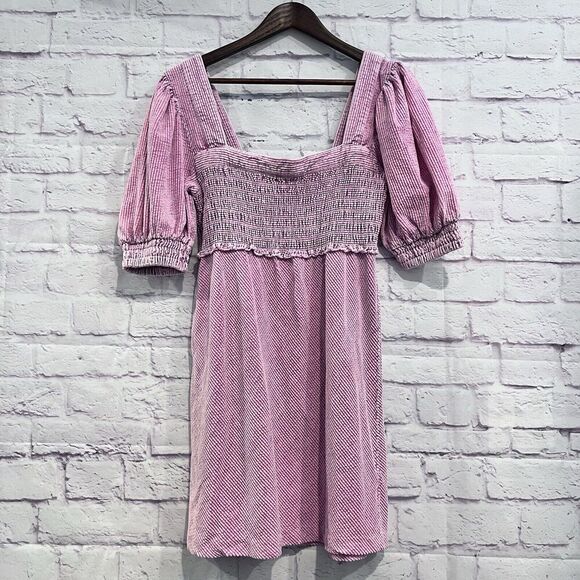 Free People Moon Flower Corduroy Mini Dress Size Medium Pink Puff Sleeve - Picture 2 of 12